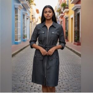 SHARAGANO 16W Denim Zip Front Shirt Dress Roll-Tab Sleeves, Belted Waist